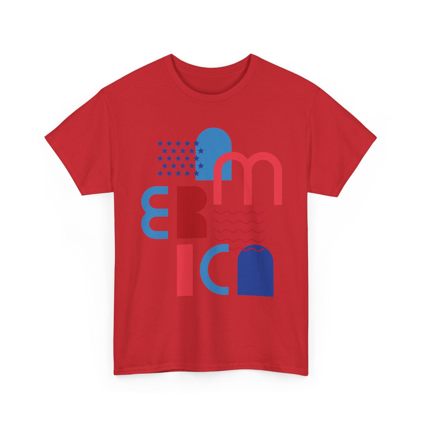 America Modernist Graphic Tee — Patriotic Red & Blue Abstract Design