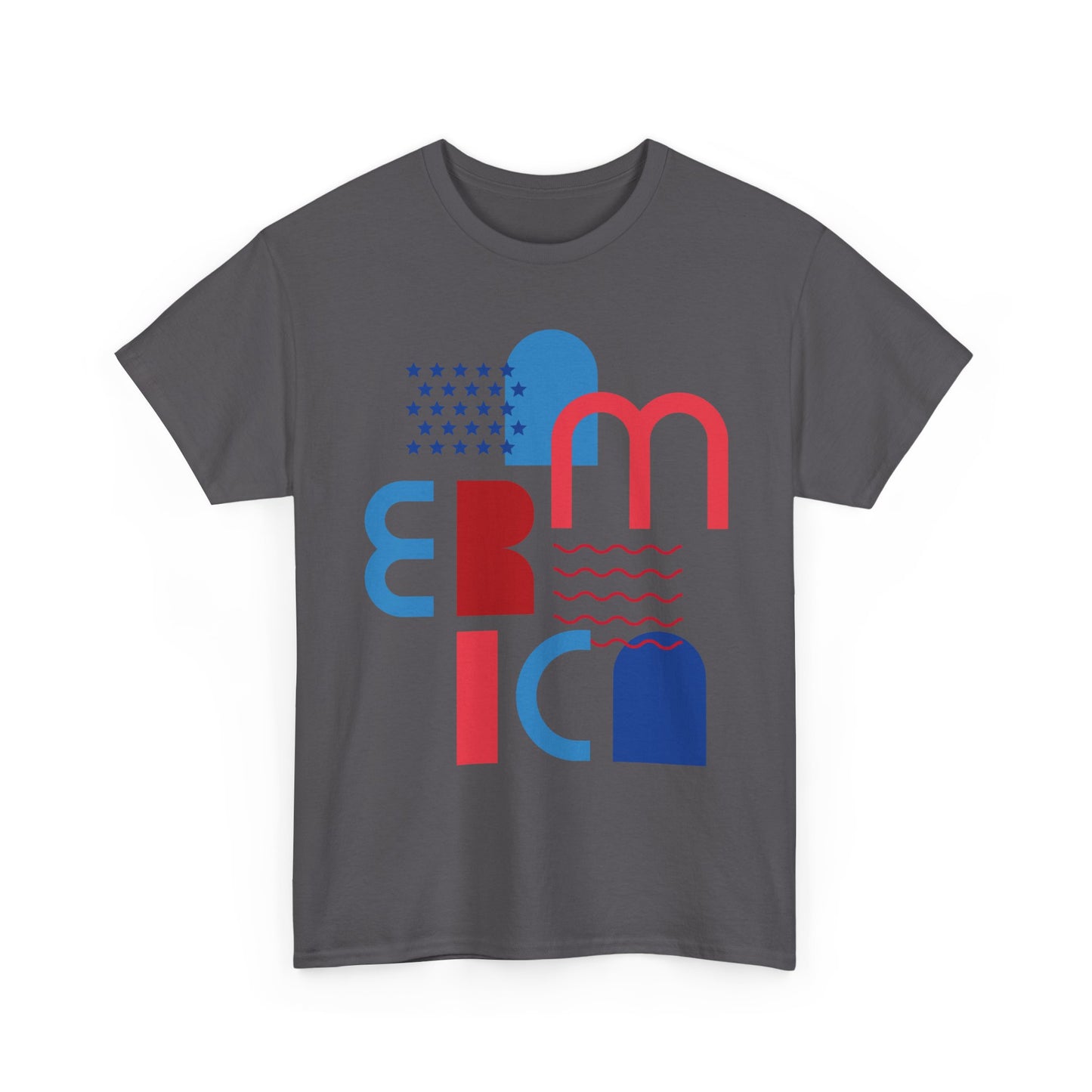 America Modernist Graphic Tee — Patriotic Red & Blue Abstract Design
