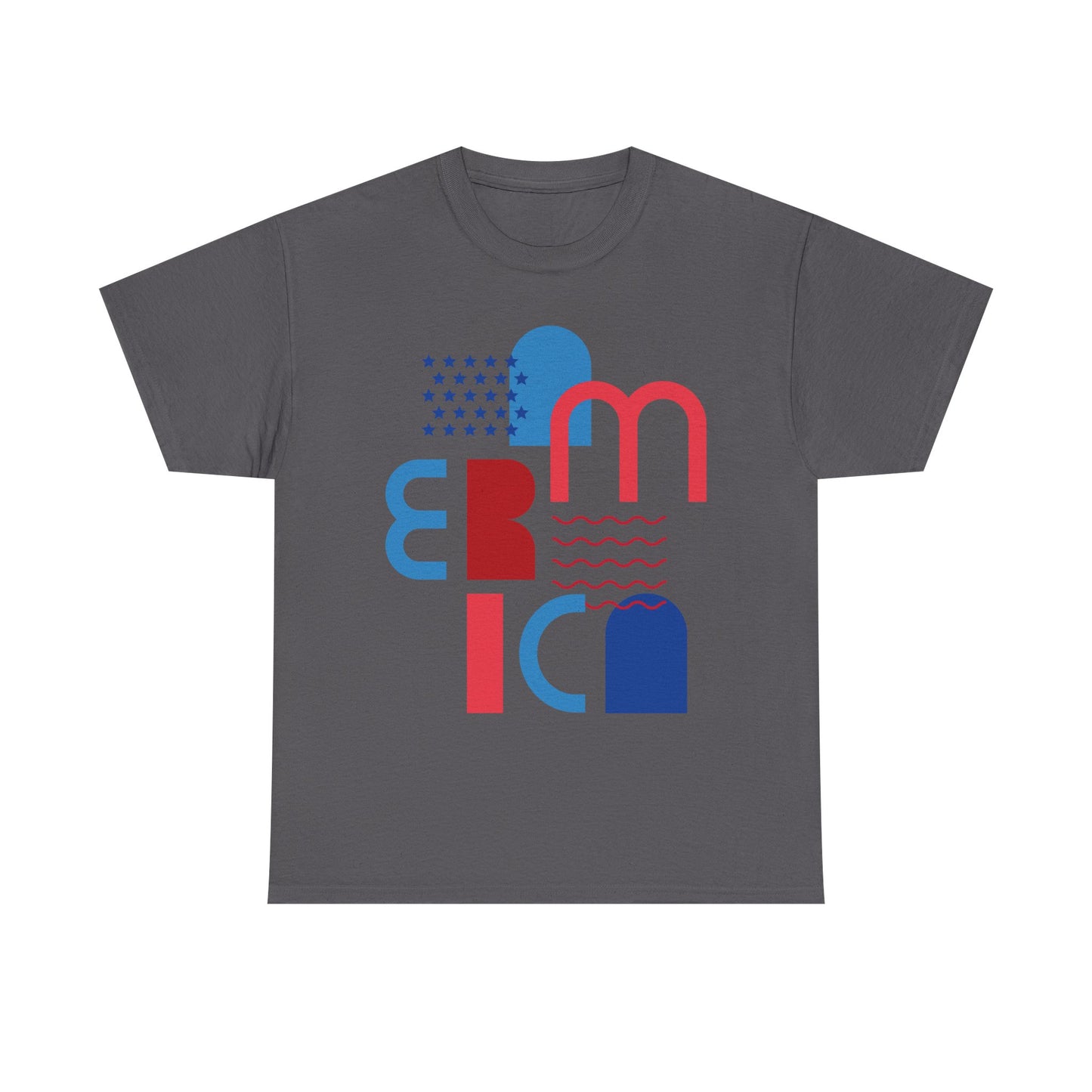 America Modernist Graphic Tee — Patriotic Red & Blue Abstract Design