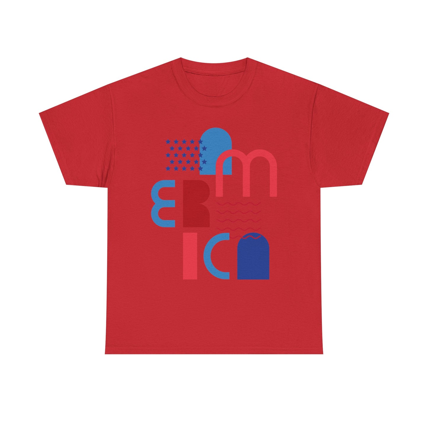 America Modernist Graphic Tee — Patriotic Red & Blue Abstract Design