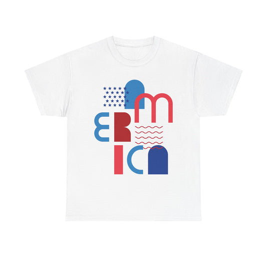 America Modernist Graphic Tee — Patriotic Red & Blue Abstract Design