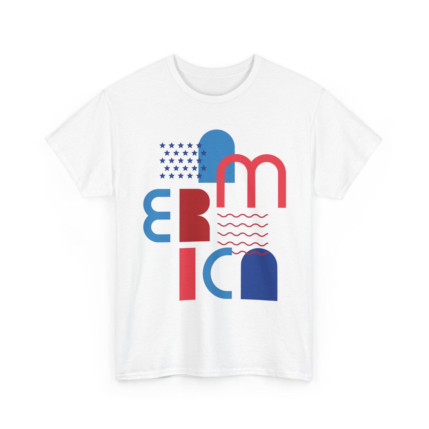 America Modernist Graphic Tee — Patriotic Red & Blue Abstract Design